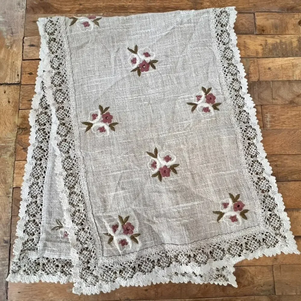 Vtg Austrian Übelhör Linen Blend Table Runner Lace Trim Floral Embroidery
